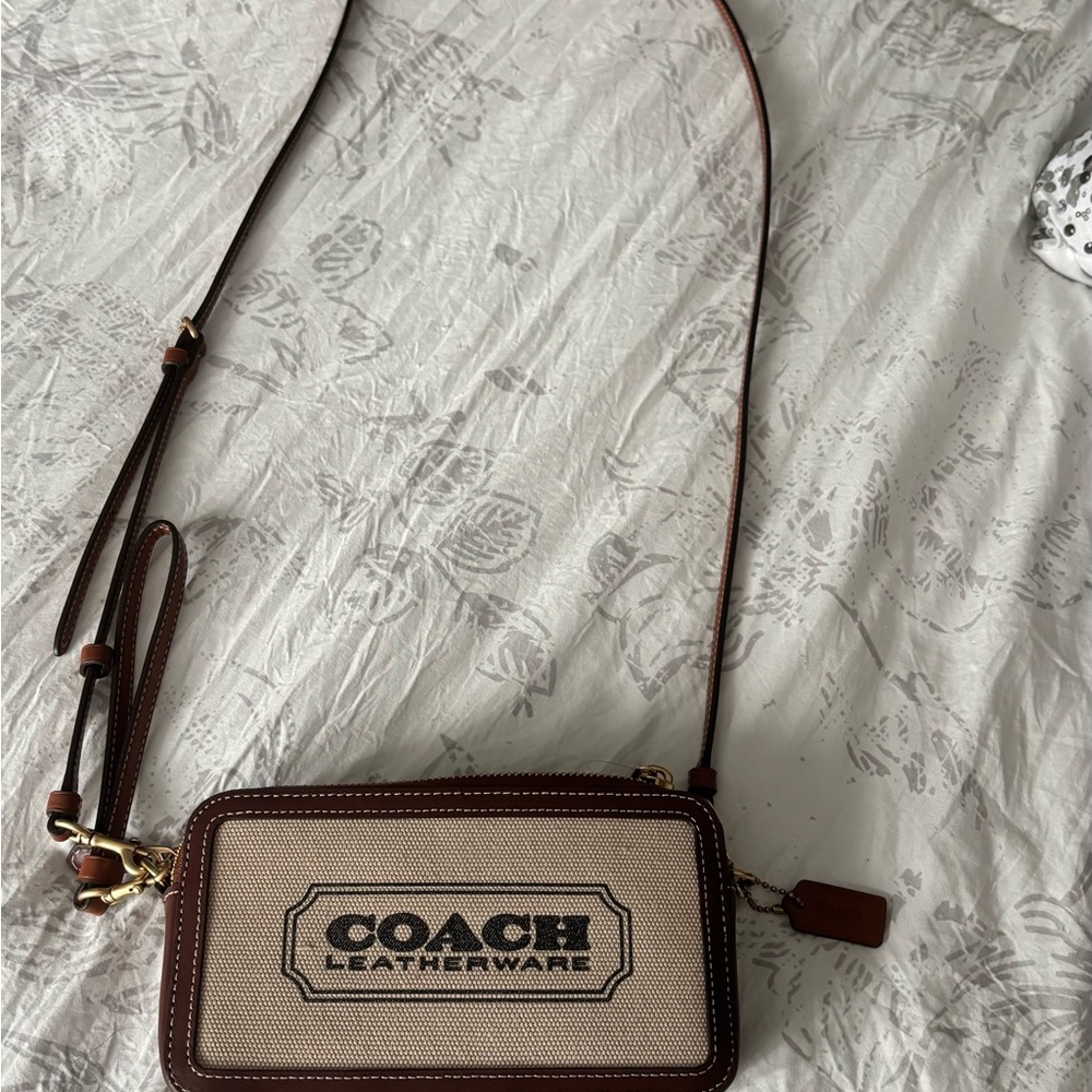 Coach Brown and Cream Crossbody Canvas Wristlet